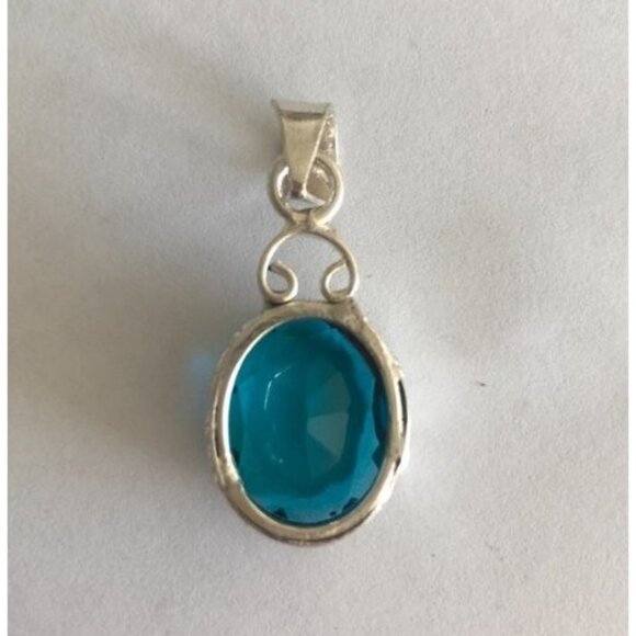 Sterling Silver Pendant Faceted Fx Blue Topaz Quartz Glass - Picture 11 of 13